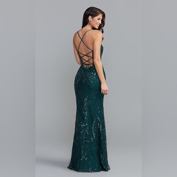 NWT PromGirl Statement-Back Long Sequin Prom Dress Hunter green - Picture 2 of 15